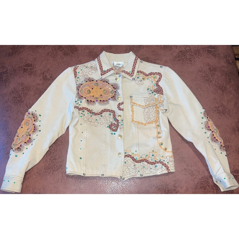 Sandy Starkman Embellished Denim Jacket Beige Western Rhinestone Sequin Size S‎
